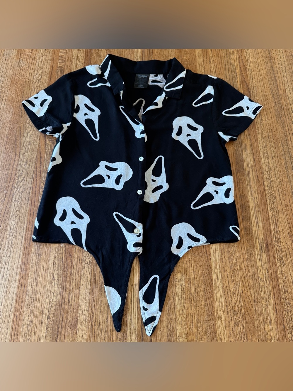 Ghost Face Tie Front Short Sleeve Button Up Shirt Black White Small Horror
